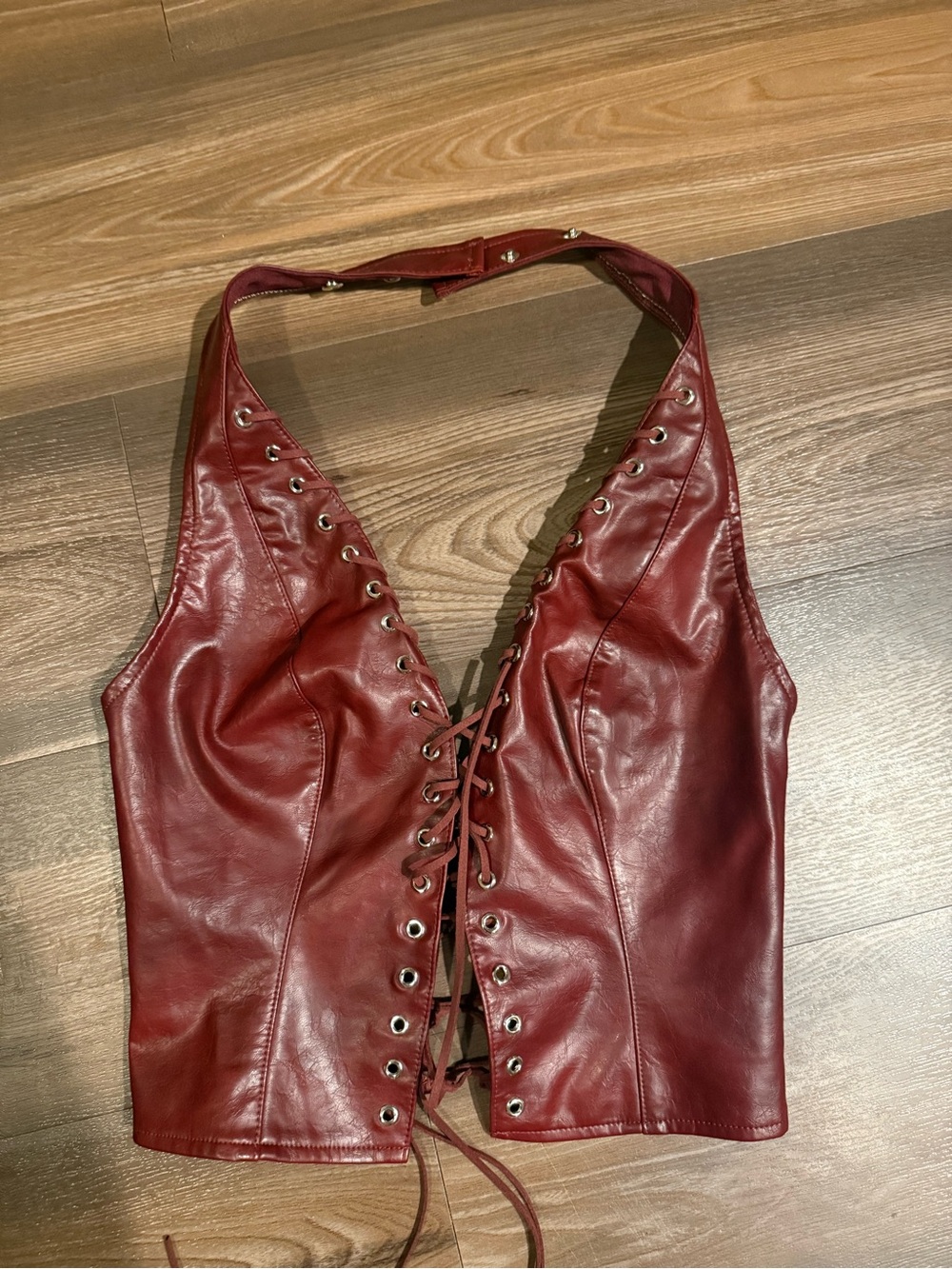 Windsor Deep Red Lace-Up Faux Leather Halter top
